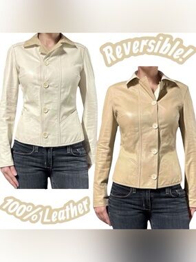Vintage White/Beige Reversible Genuine 100% Leather Button Front Jacket